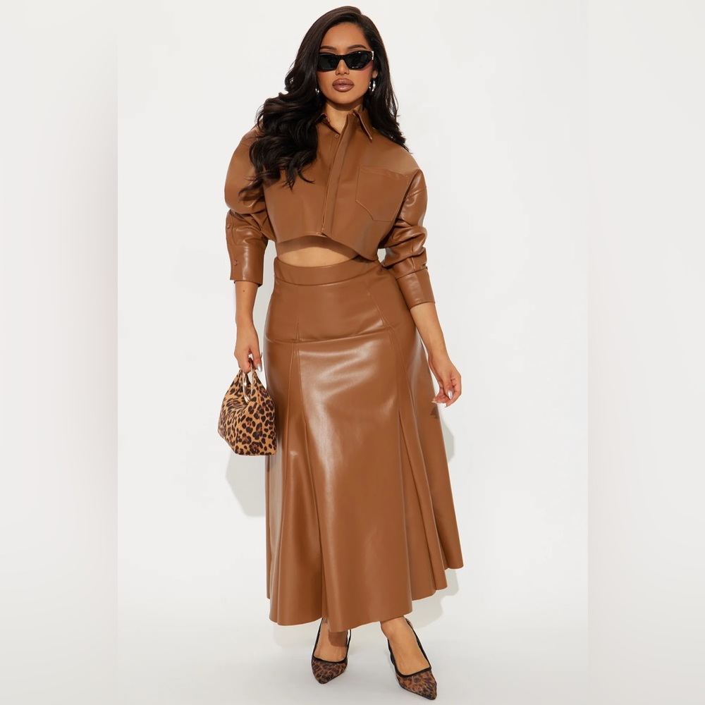 Fashion Nova Sadie Faux Leather Skirt Set Camel Size Small
